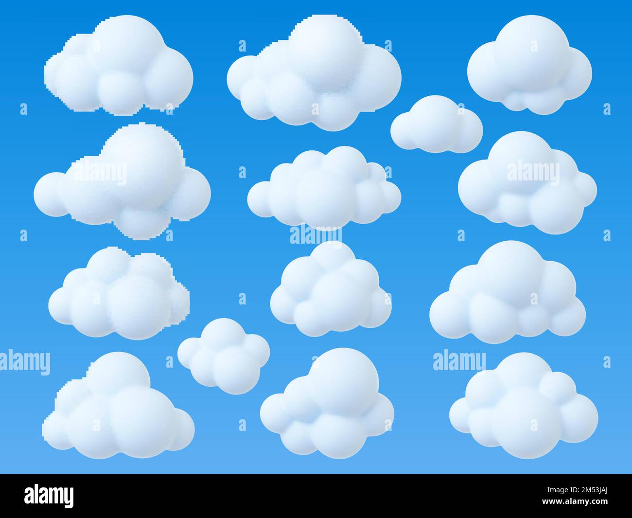Clouds 3d design, abstract soft cloud simple design. Sky cartoon elements, weather bubbles icons. Data symbols, trendy white realistic pithy vector Stock Vector