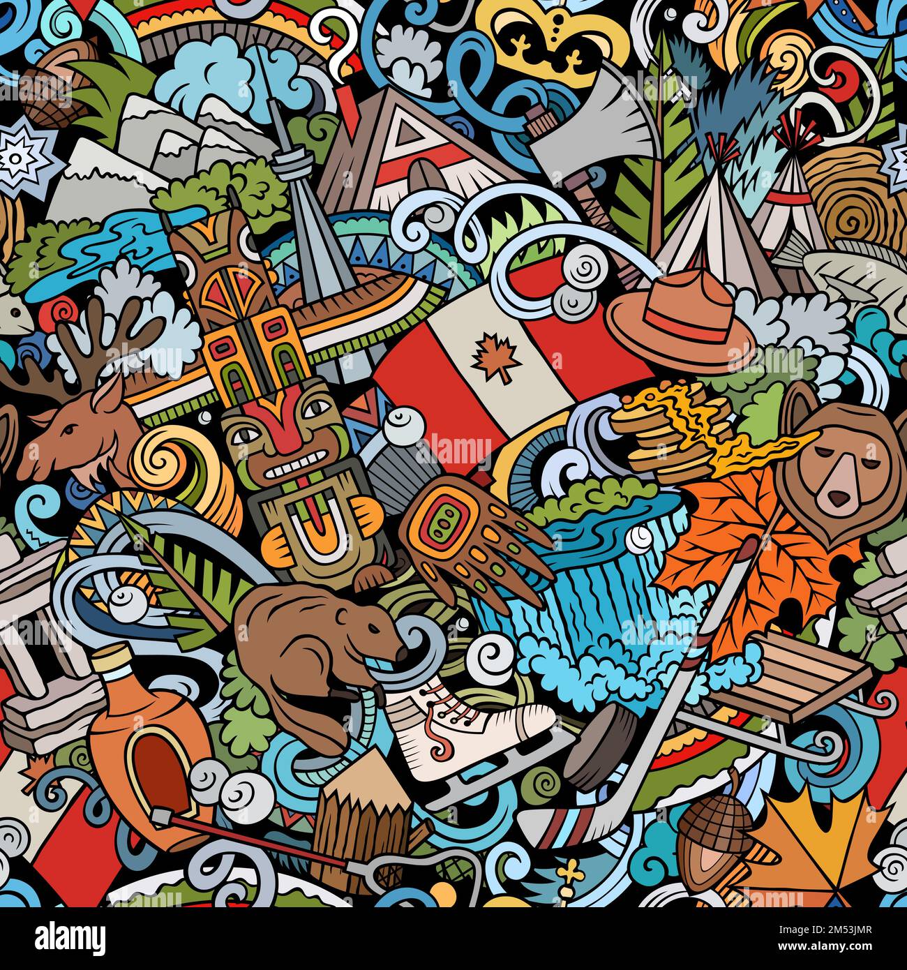 Cartoon doodles Canada seamless pattern. Backdrop with local Canadian