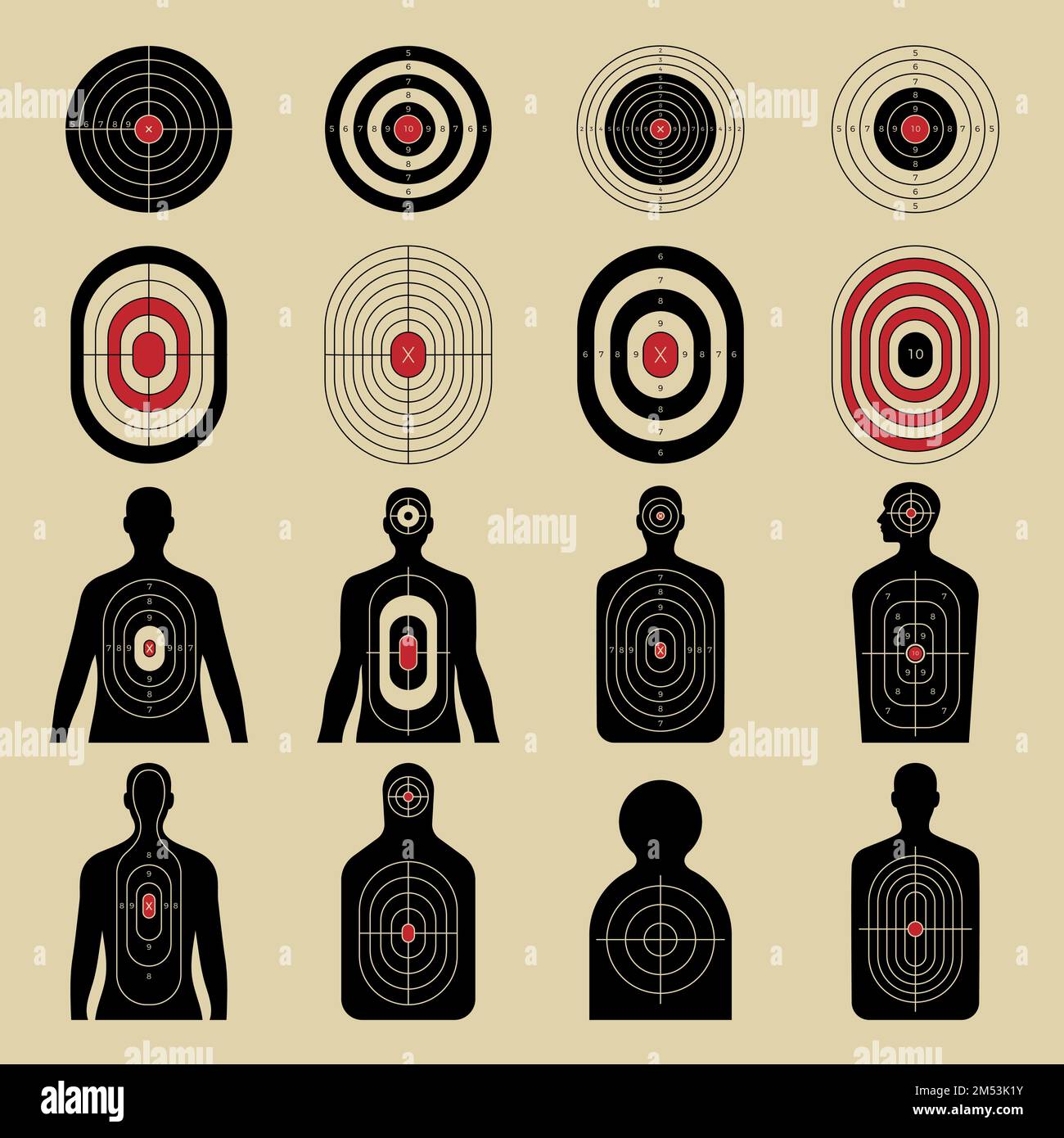 Shoot target. Geometrical forms and human silhouettes for shooting room with military weapons recent vector targets for darts practice Stock Vector