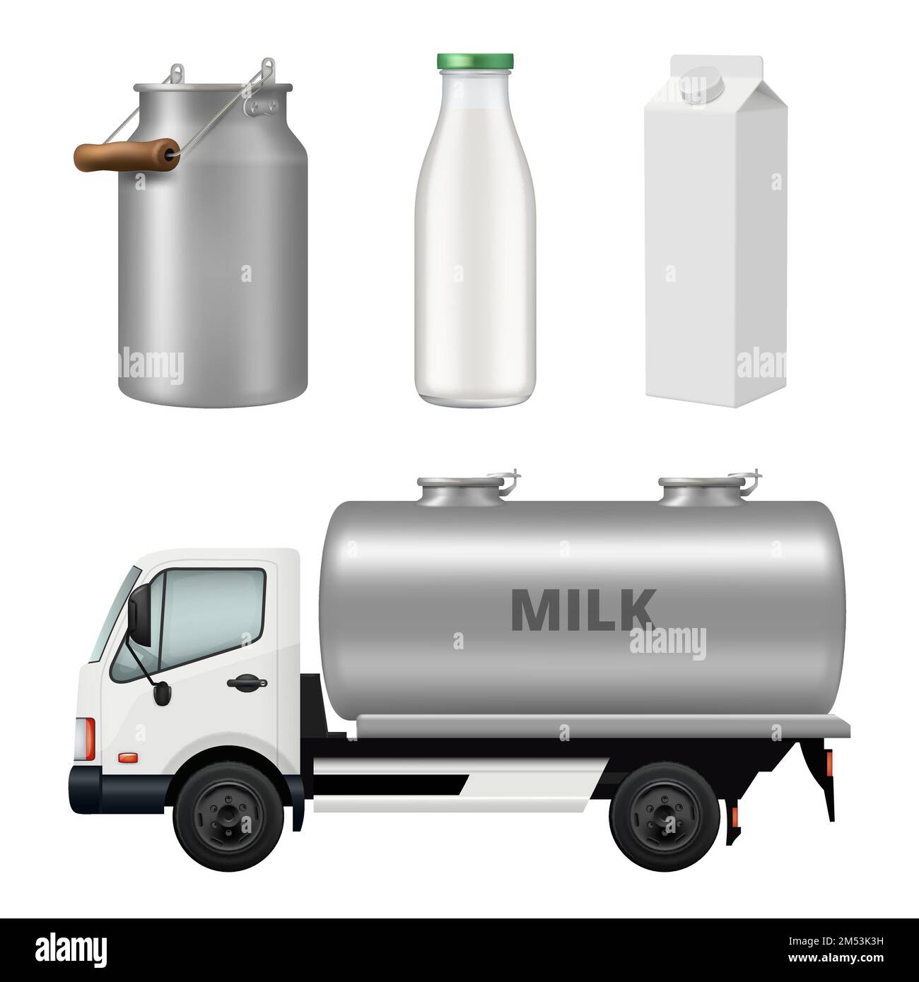 Milk containers. Glass bottles metal cans for dairy products from farm