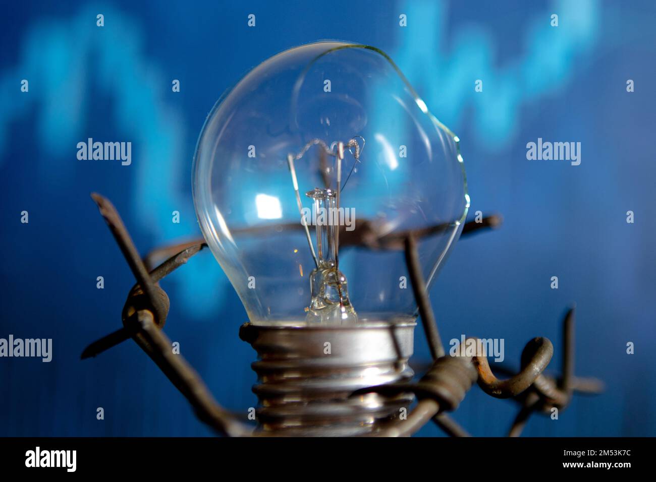 Broken electric light bulb with barbed wire. Concept of electricity