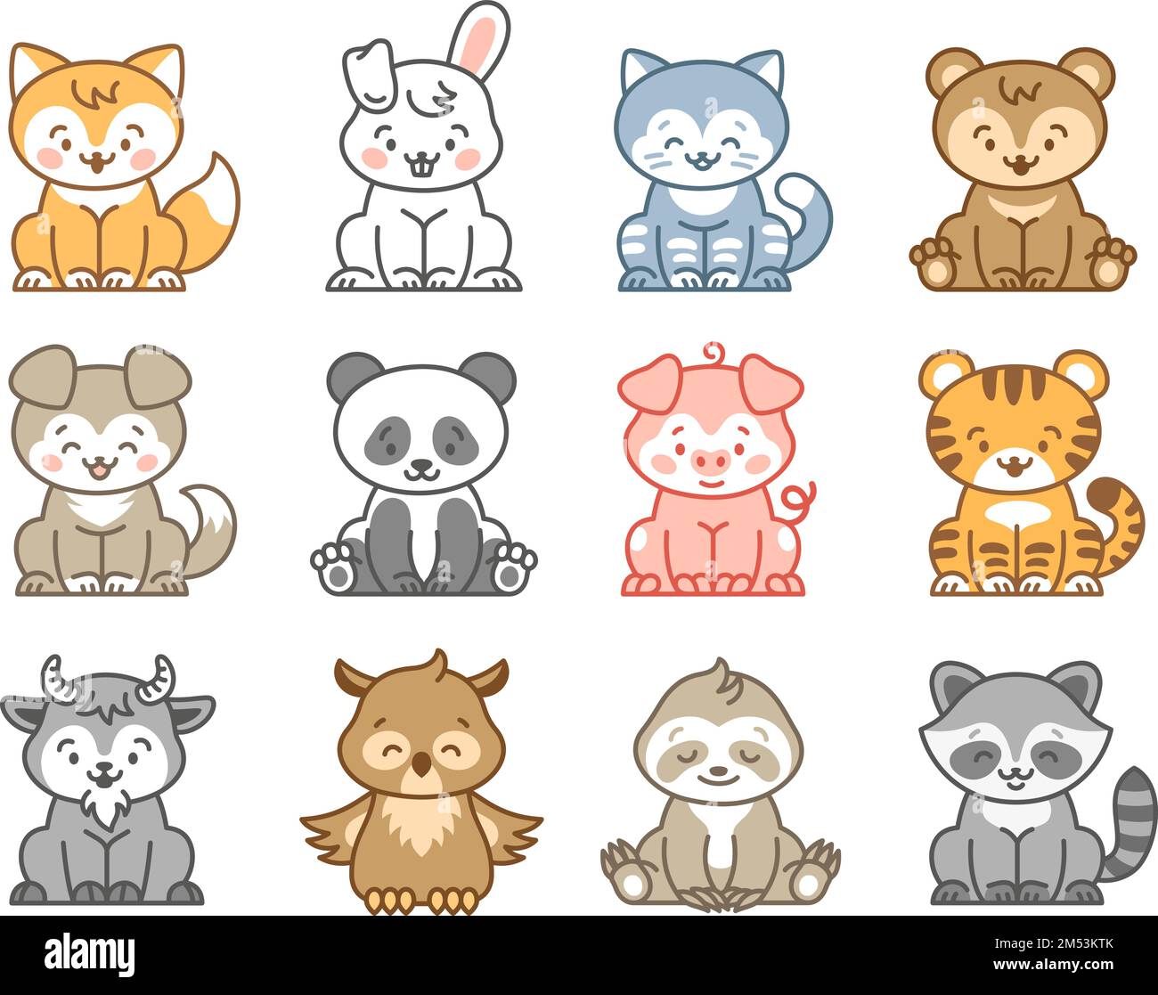 Kawaii animal characters. Bunny, fox and tiger isolated cartoon animals