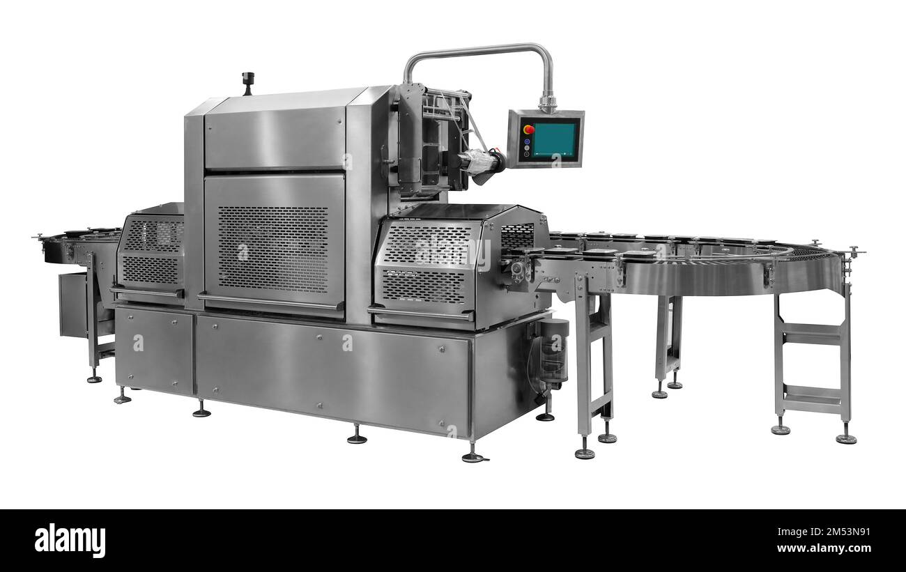 Automatic packing machine. Filling equipment. Packing in a transparent cellophane film. Designing machines for the food industry isolated on white bac Stock Photo