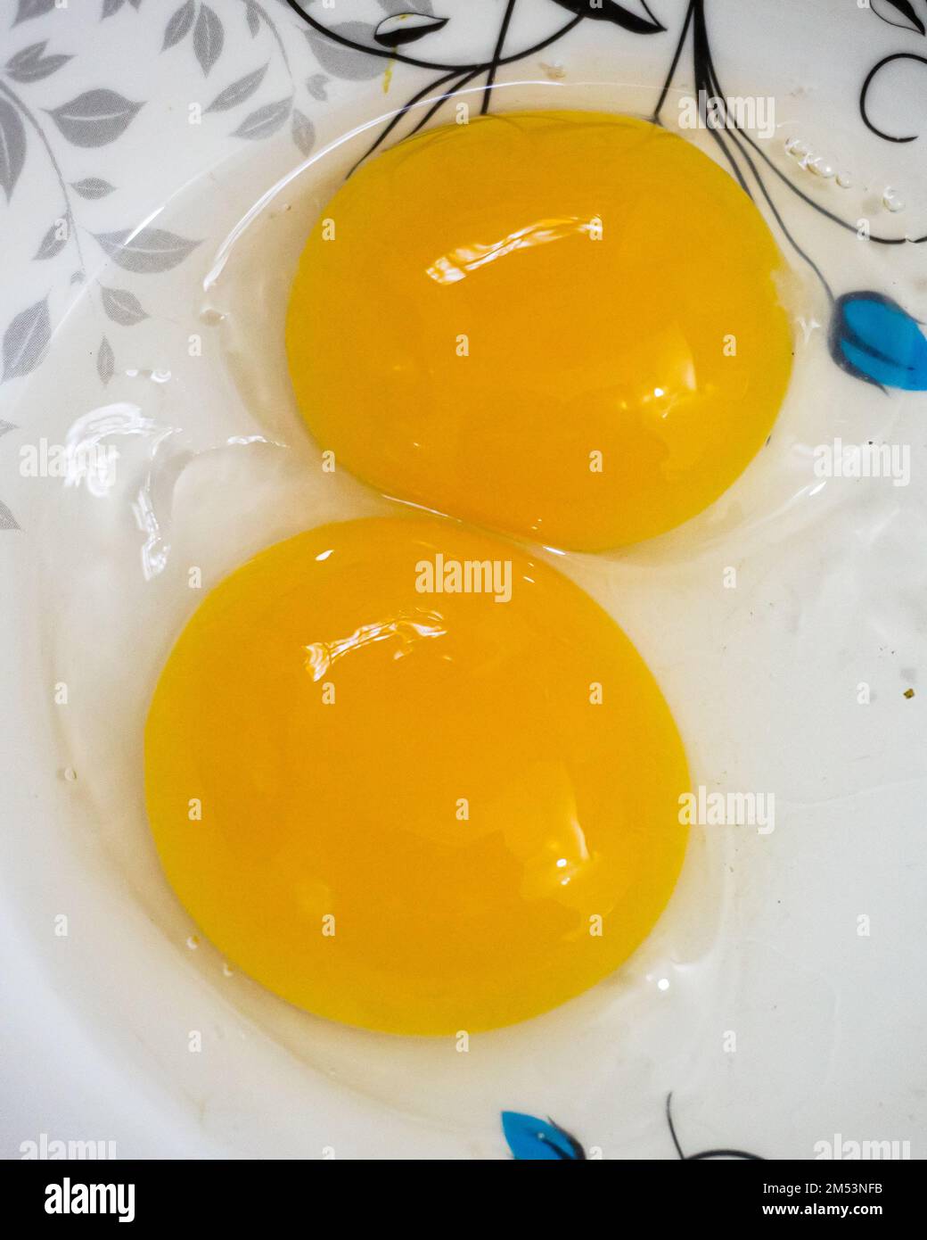 Potrait veiw two yellow yolk chicken eggs in a white bowl Stock Photo