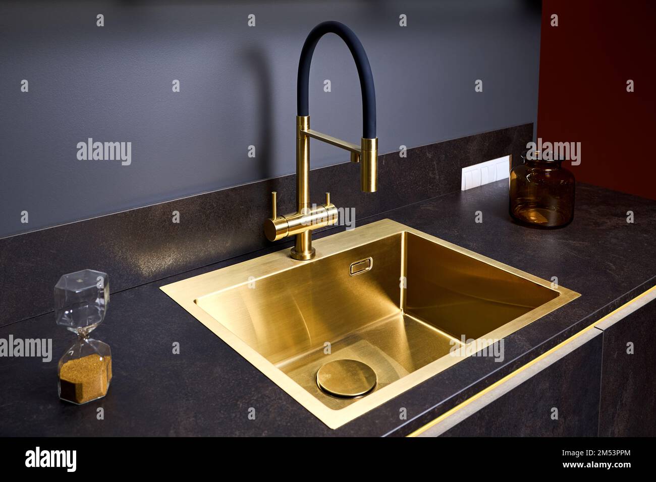 Luxurious interior square golden brass sink and faucet double tap mixer