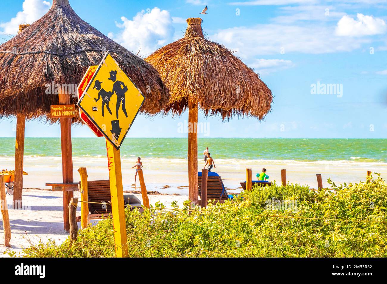 Traffic signs and road signs directional on Isla Holbox island in