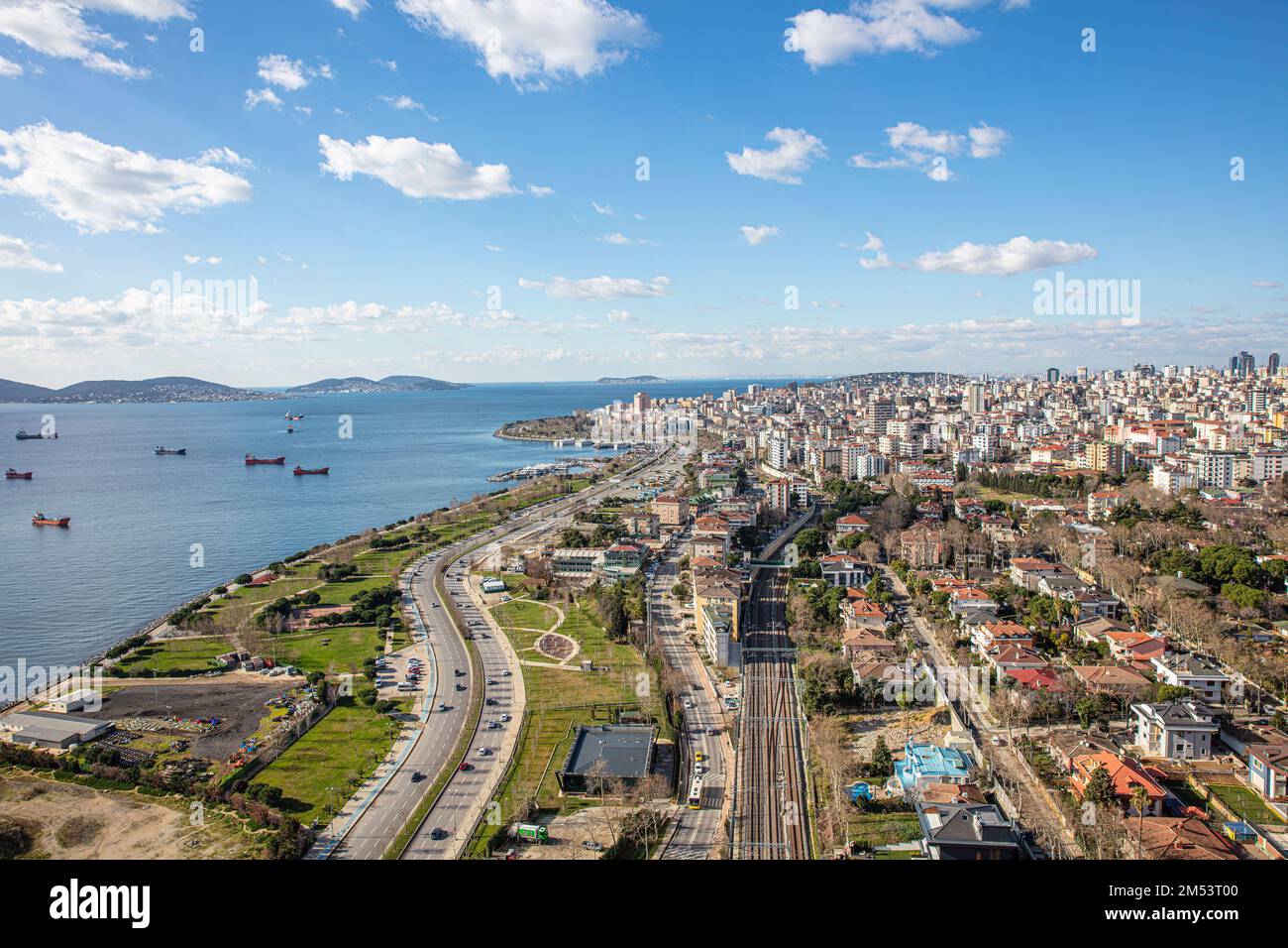 Istanbul Anatolian side coastline, islands and the Sea of Marmara. Kartal coast, modern buildings and housing situation view from IstMarina Shopping C Stock Photo