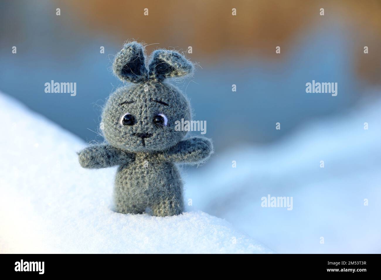 Grey knitted rabbit on a snow in winter park on blurred background. Symbol of Chinese New Year 2023 Stock Photo