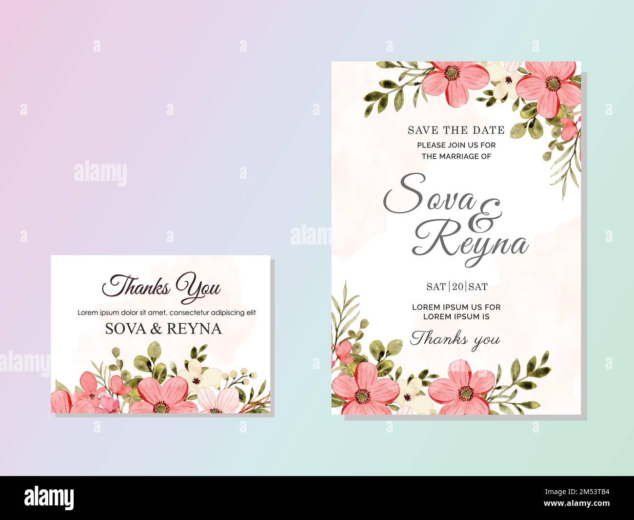 A vector illustration of a pink floral wedding card template Stock ...