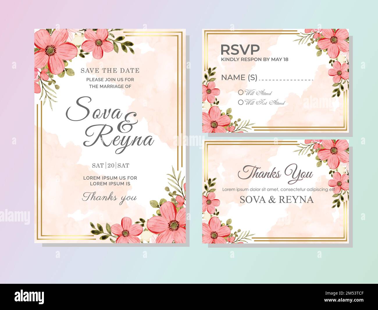 A vector illustration of a pink floral wedding card template Stock ...