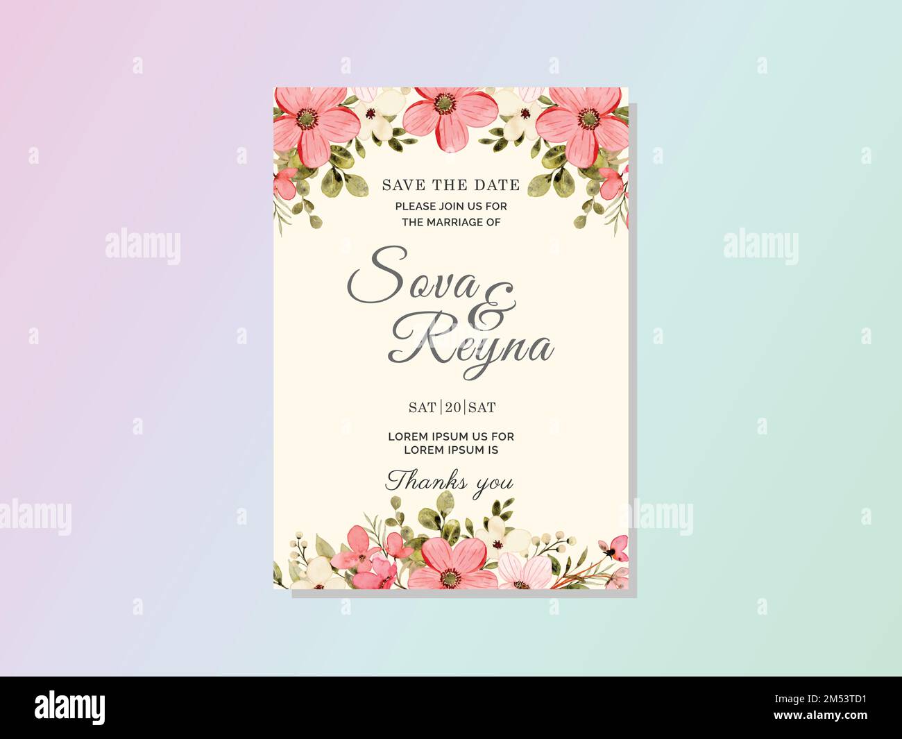 A vector illustration of a pink floral wedding card template Stock ...