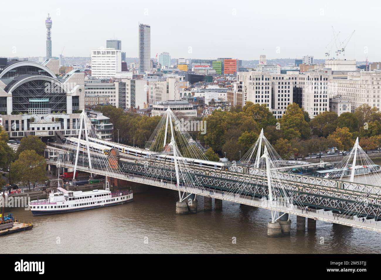 London, United Kingdom - October 31, 2017: London cityscape aerial view. Waterloo station, Hungerford Bridge and Golden Jubilee Bridges on a daytime Stock Photo