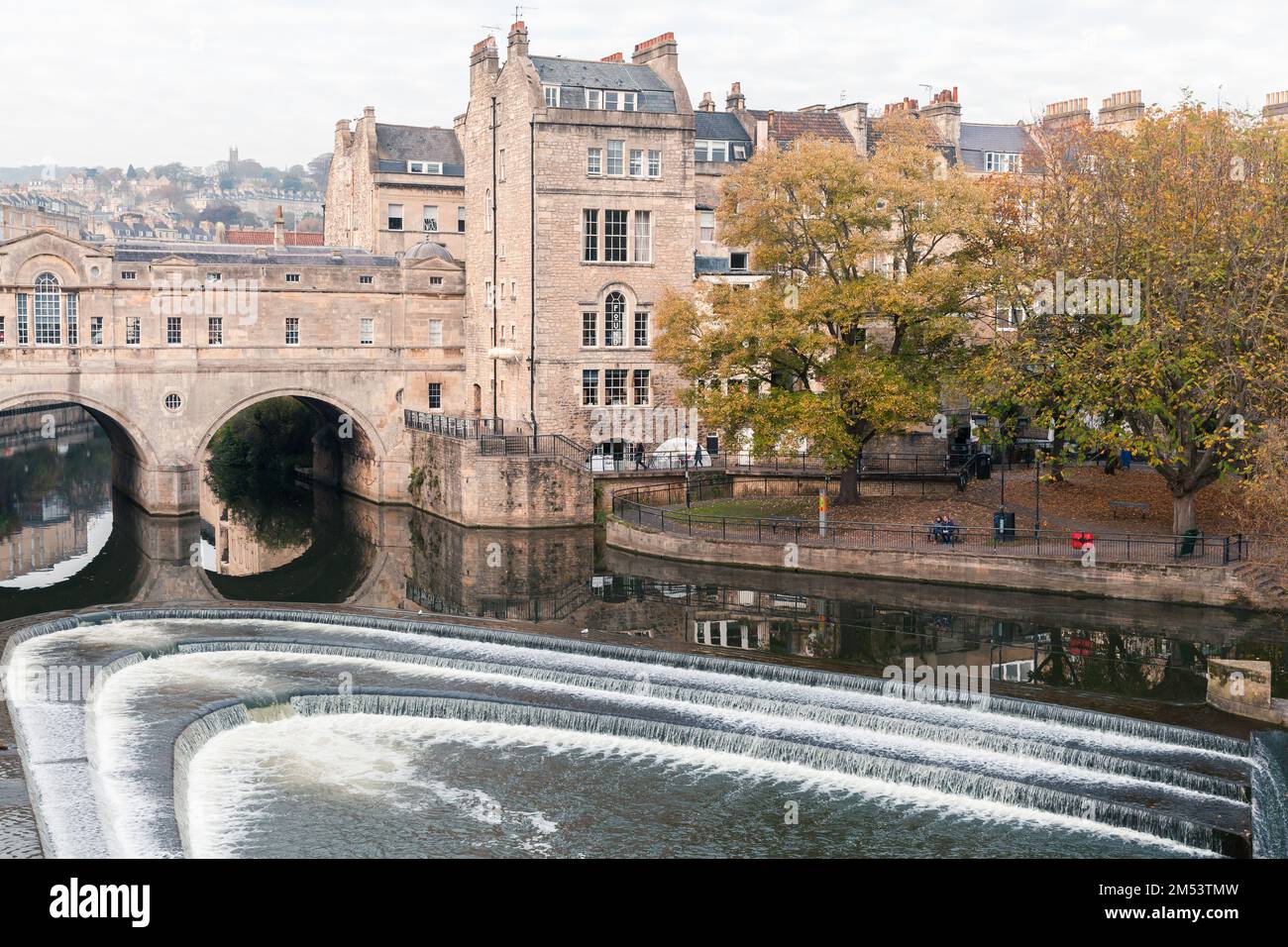 Bath, United Kingdom - November 3, 2017: Old town view with the 18th century Pulteney Bridge and waterfall Stock Photo