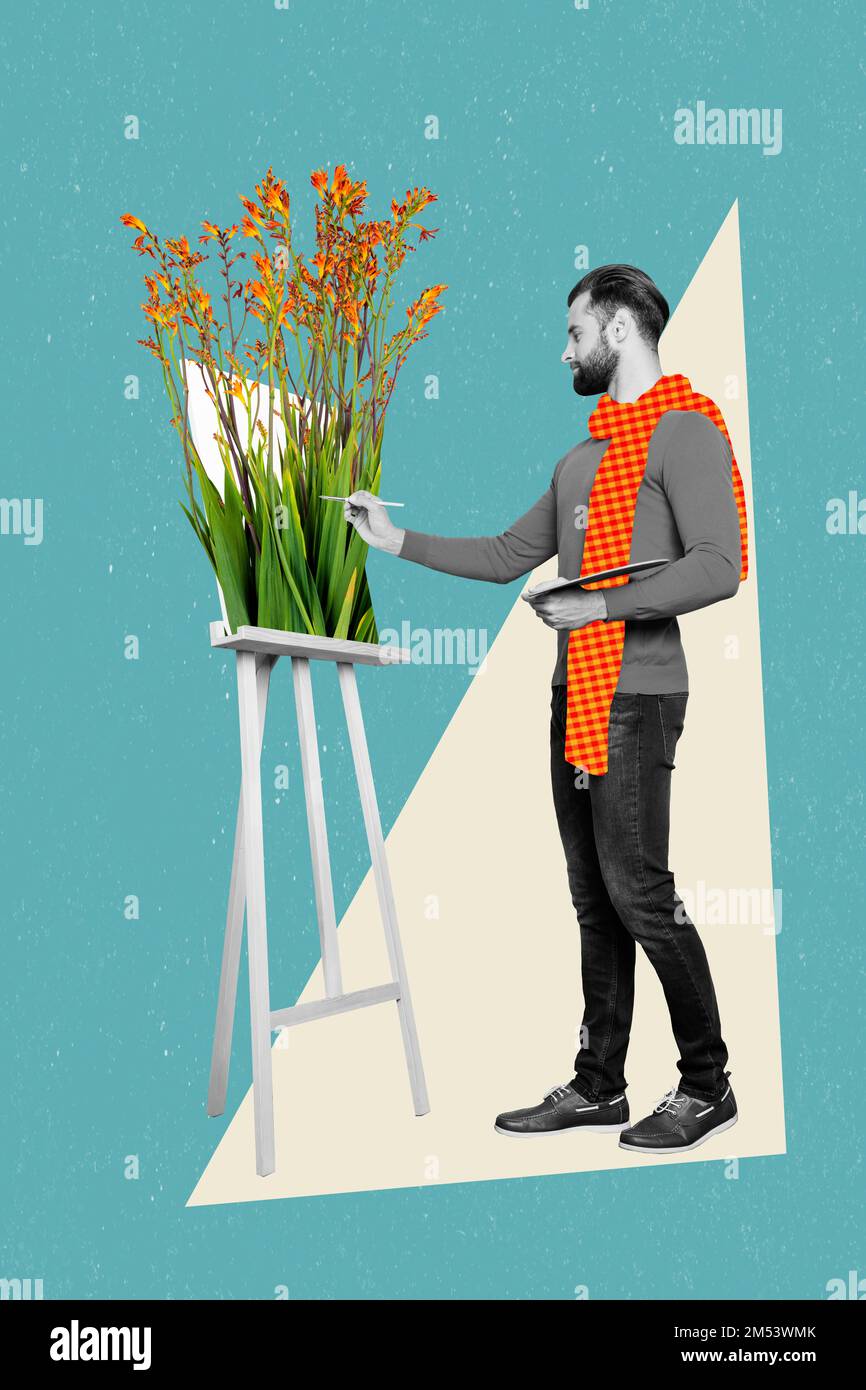 Creative 3d composite collage photo of young man artist wear stylish orange knitted scarf drawing photorealism flowers isolated on blue background Stock Photo