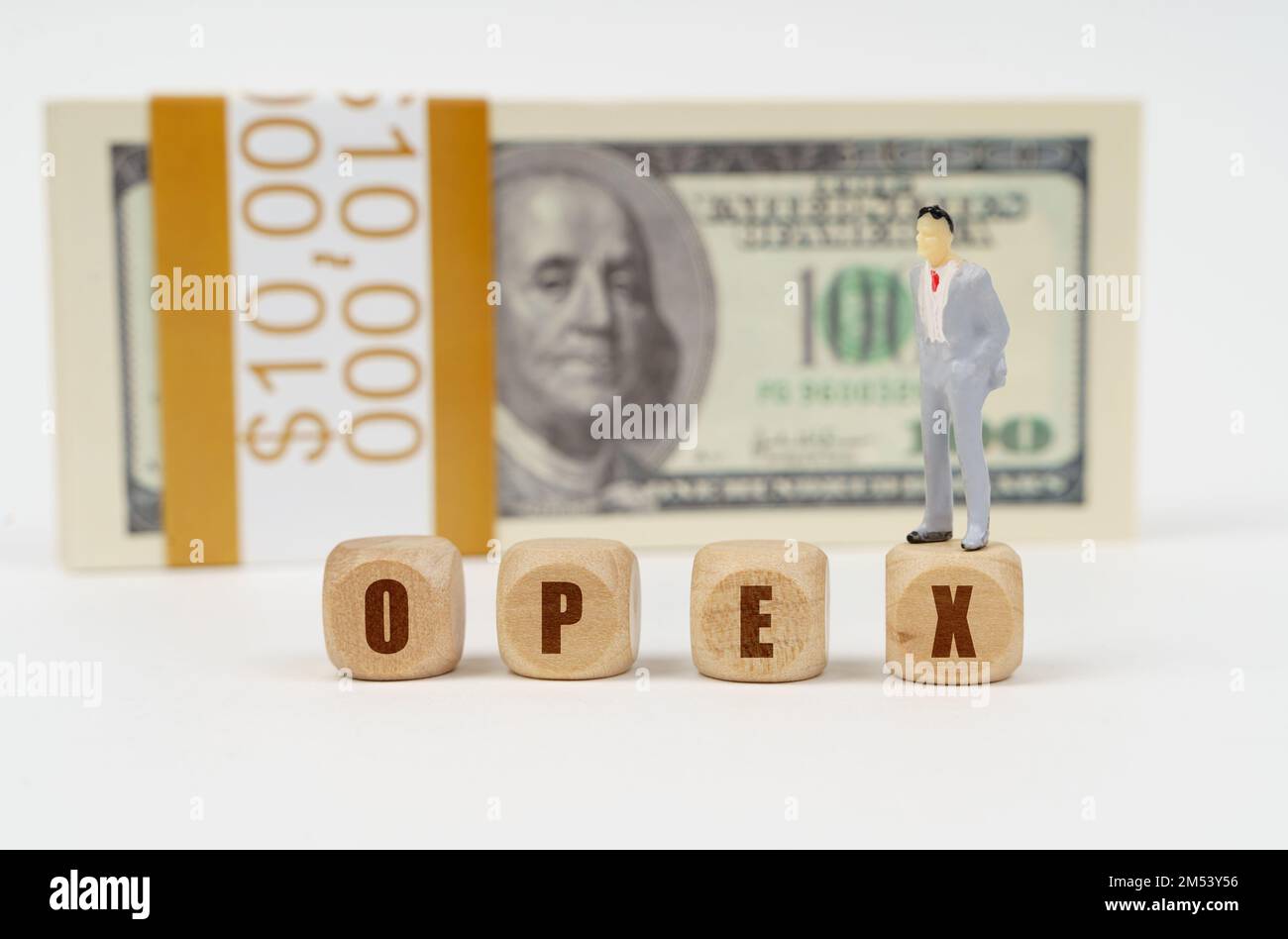Business and finance concept. On a white surface are cubes with the inscription - OPEX. On the cube is a figure of a man, in the background there are Stock Photo