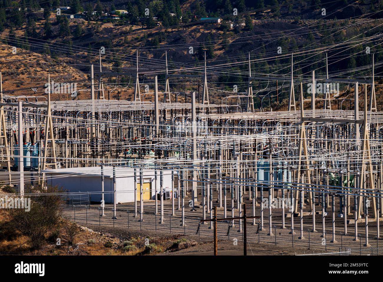 Electrical transmission field; Grand Coulee hydroelectric dam; largest producer of power in the USA; Columbia River; Washington state; USA Stock Photo
