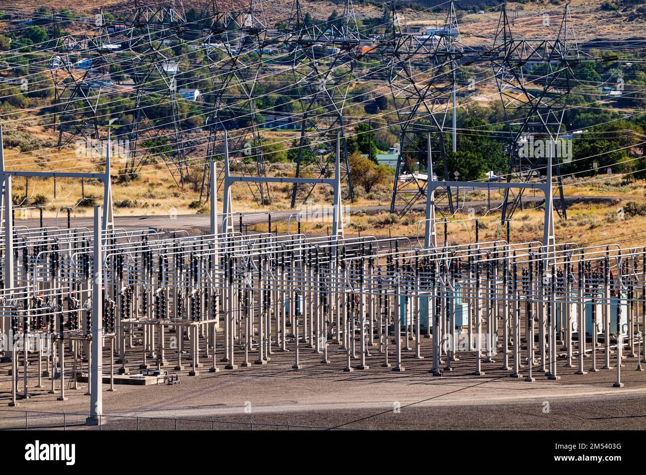 Electrical transmission field; Grand Coulee hydroelectric dam; largest producer of power in the USA; Columbia River; Washington state; USA Stock Photo