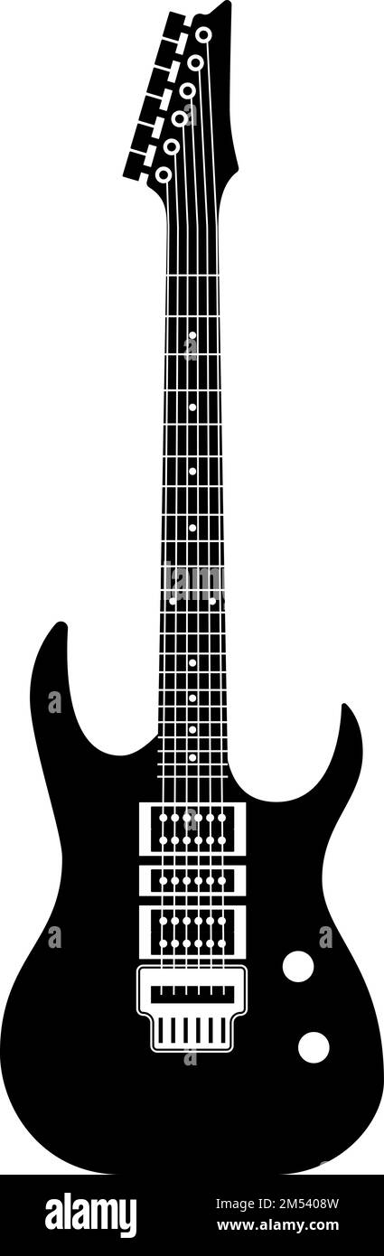 Black and white guitar. Music icon, string rock musical electric instrument, modern grunge or vintage object, logo or emblem template, audio equipment Stock Vector