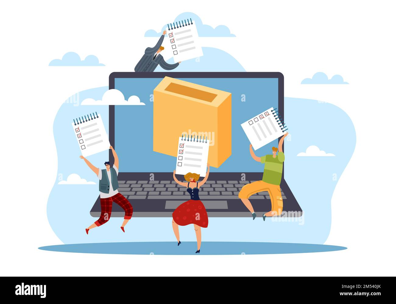 Online voting, computer screen, voting box, happy adult voters with documents, modern electronic voting system for government rules and public Stock Vector