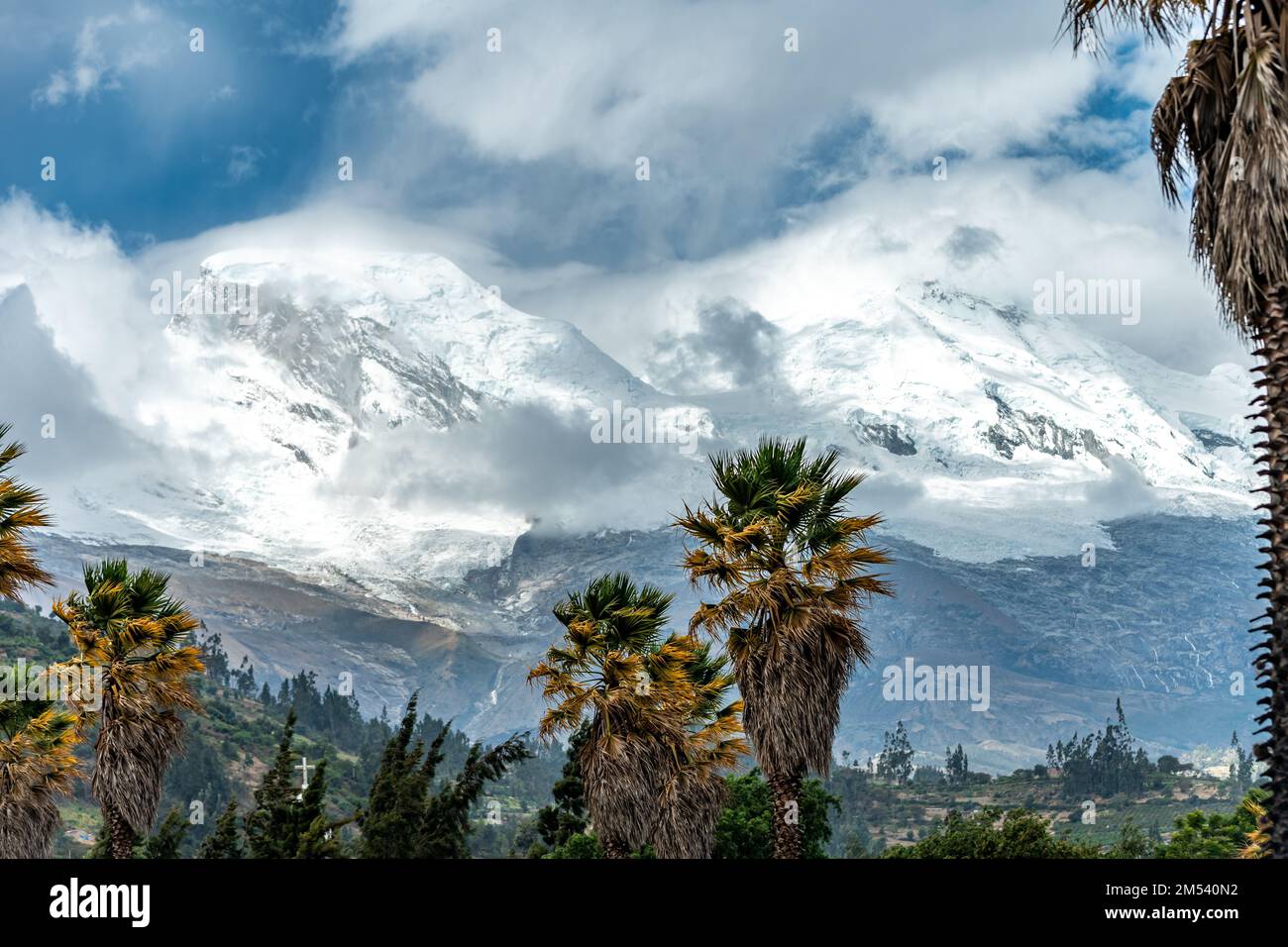 the highest mountain of Peru Huascaran in the Cordillera Blanca mountain range in the Yungay province Stock Photo