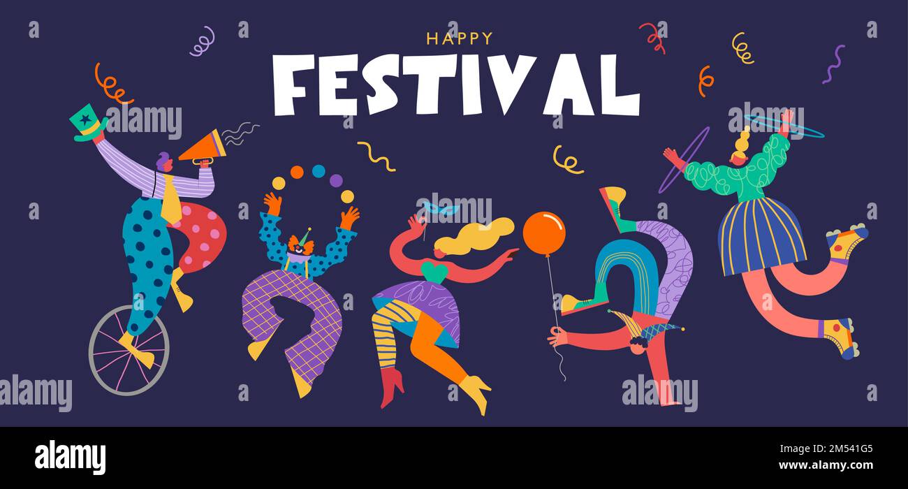 Happy Carnival, Festival and Circus event design with funny artists, dancers, musicians and clowns. Street art, carnival concept design. Colorful Stock Vector