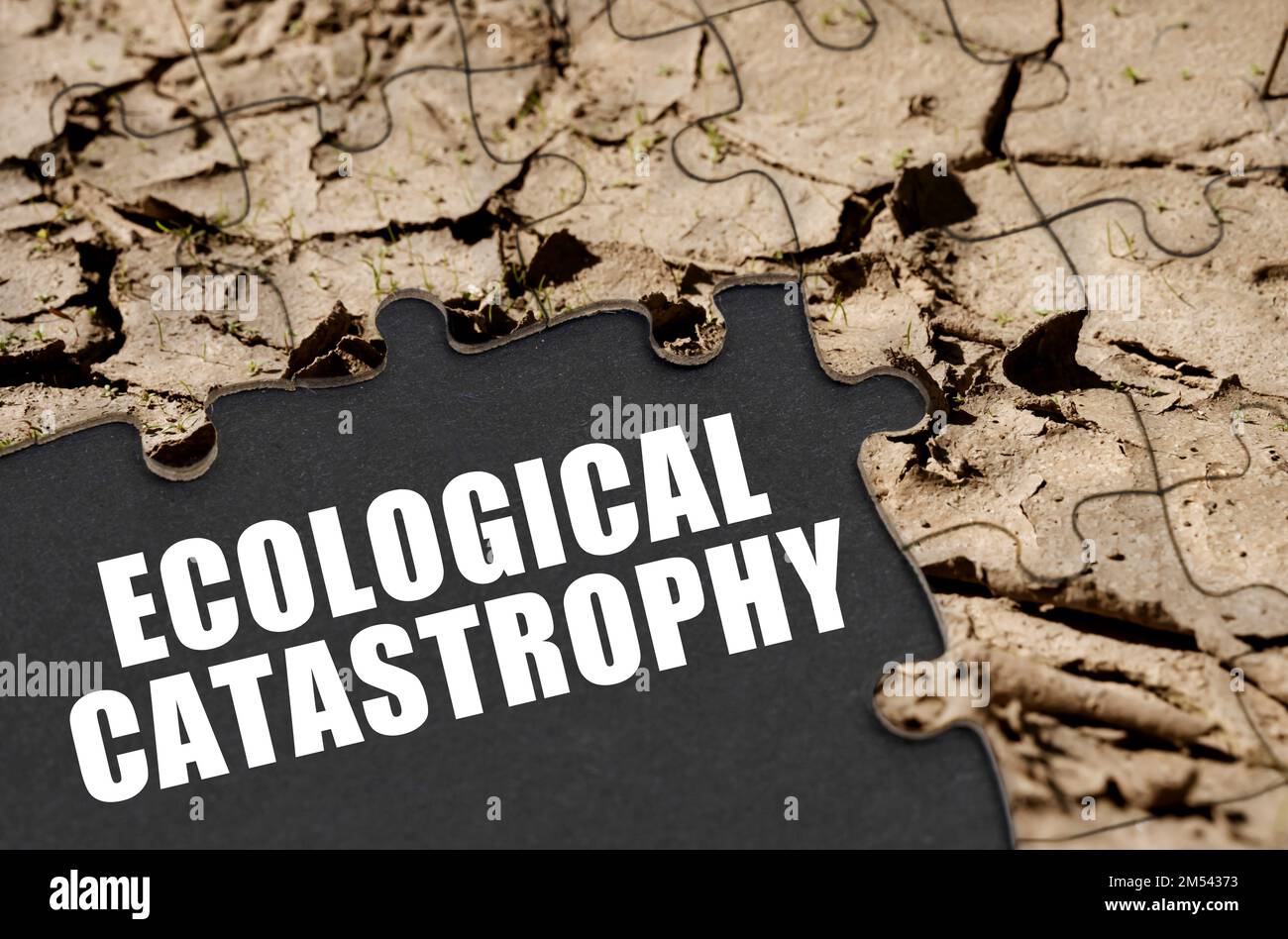 Ecological concept. The puzzles depict soil, next to a black surface with the text - Ecological catastrophy Stock Photo