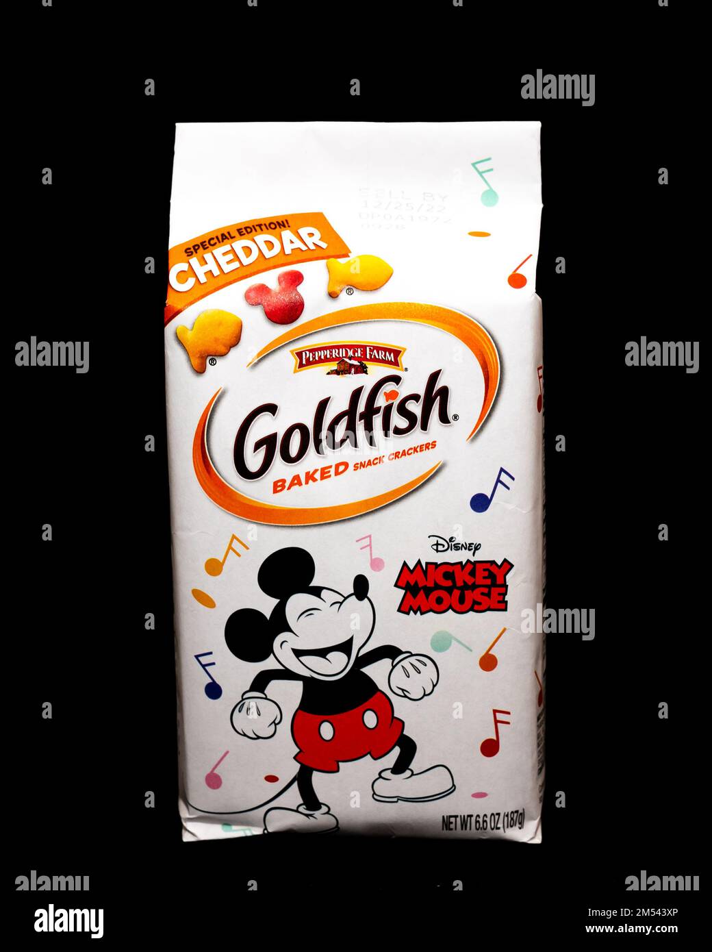 A Special Edition bag of Pepperidge Farm Goldfish, a cheddar cheese baked snack cracker made with real cheese featuring Disney Micky Mouse Stock Photo