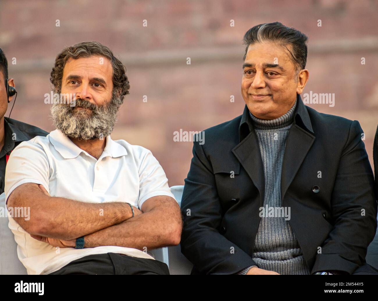 New Delhi, India. 24th Dec, 2022. India's main opposition, Indian National Congress party leader Rahul Gandhi along with Actor kamal Hassan at the Red Fort during the ongoing Bharat Jodo Yatra (Unite India March) in the old quarters of Delhi, India, December 24, 2022. (Photo by Mohsin Javed/Pacific Press) Credit: Pacific Press Media Production Corp./Alamy Live News Stock Photo