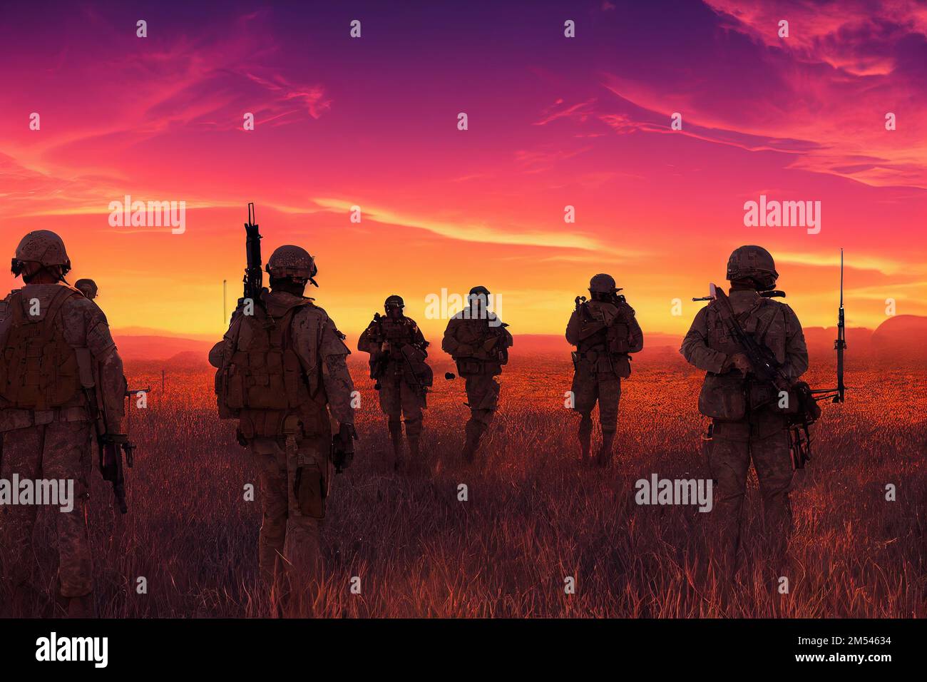 silhouettes of army military soldiers against sunset background