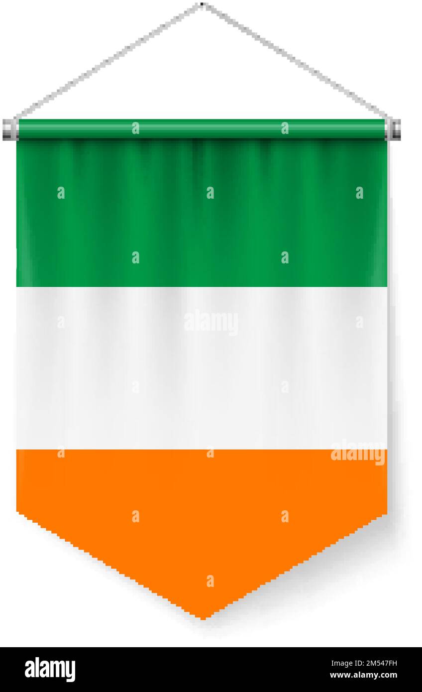 Vertical Pennant Flag of Ireland as Icon on White with Shadow Effects. Patriotic Sign in Official Color and Flower, Irish Flag with Metallic Poles Han Stock Vector