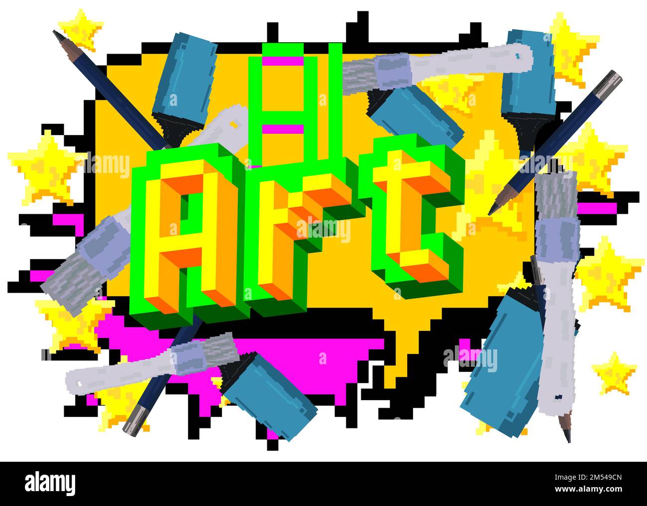 Ai Art. Pixelated word with geometric graphic background. Vector cartoon illustration. Stock Vector