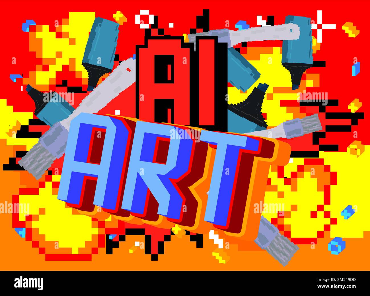 Ai Art. Pixelated word with geometric graphic background. Vector