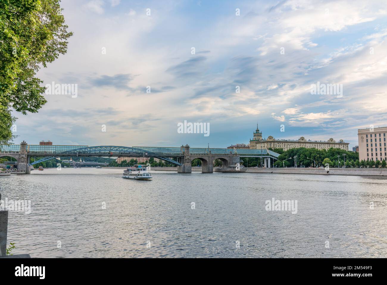 View of the Moscow river embakment, Pushkinsky bridge and cruise ships ...