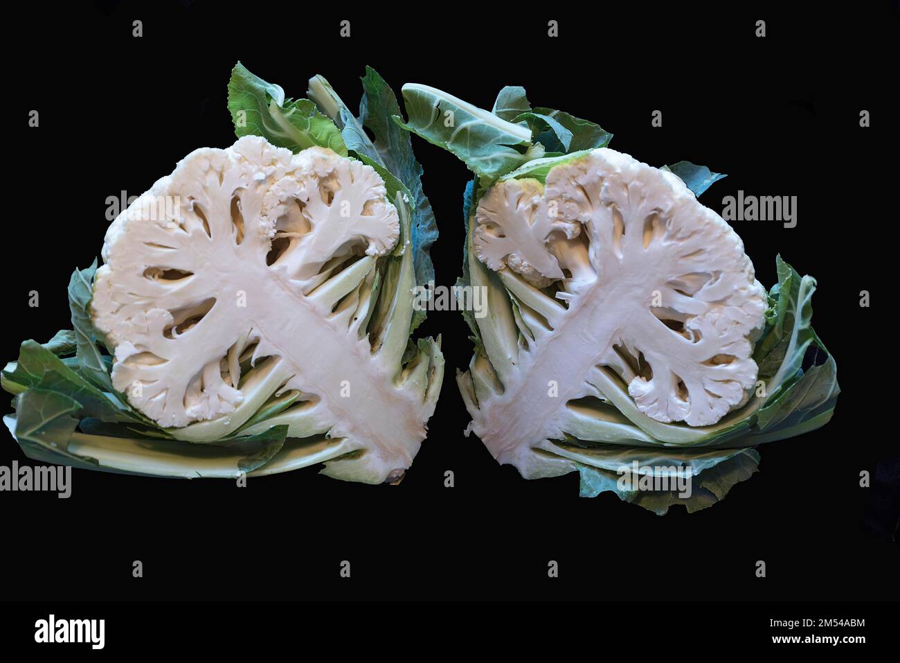 Split cauliflower (Brassica oleracea var. botrytis) on black ground ...