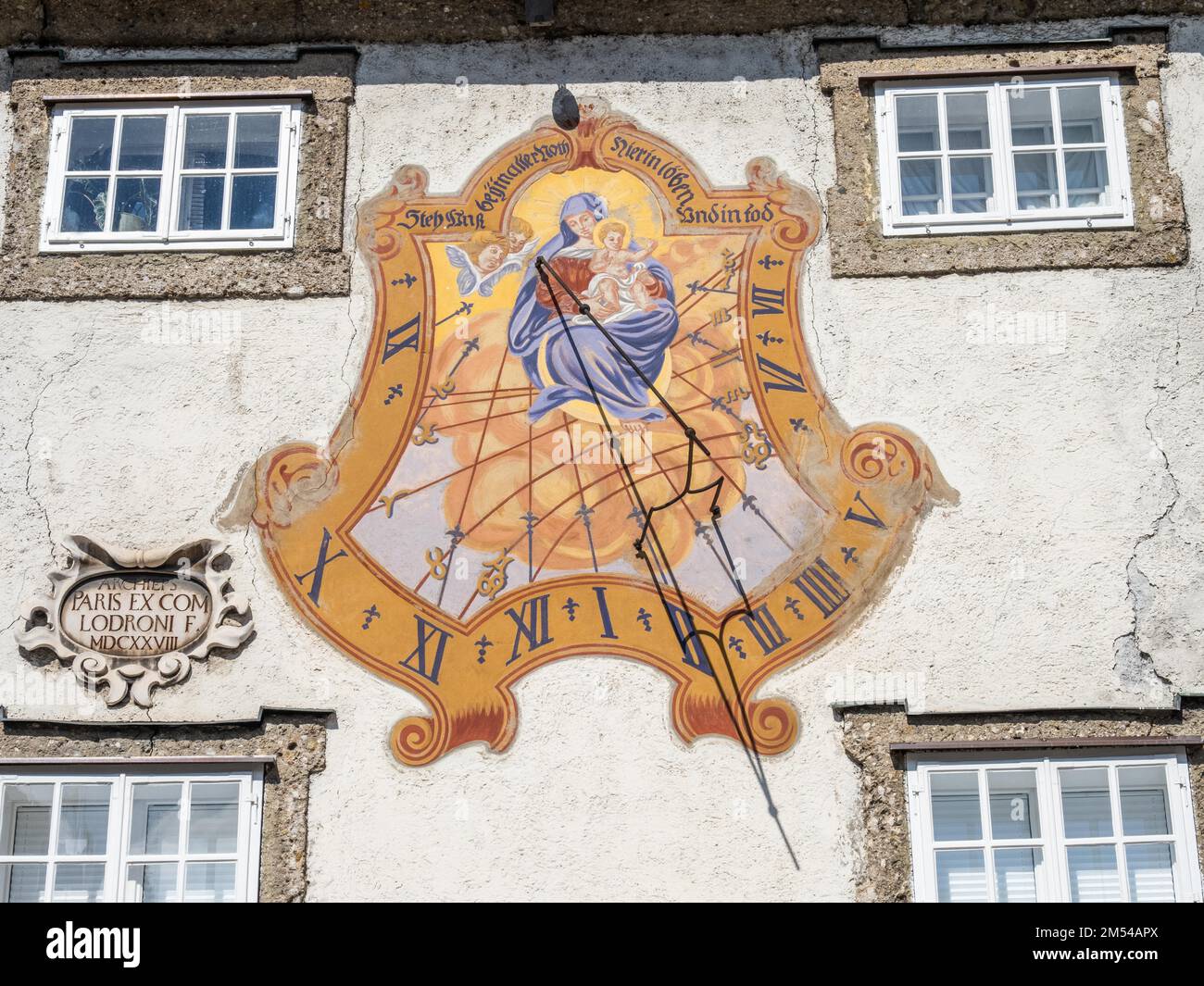 Mary with Christ Child, Sundial with prayer, Stand by us in all our