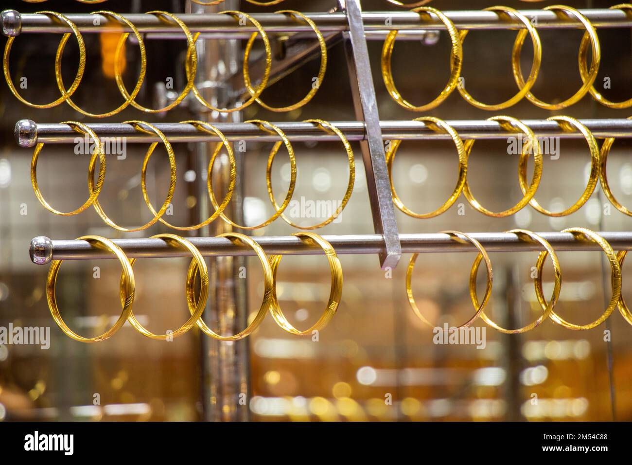 Display of of golden bracelets examples of Turkish jewelry Stock Photo
