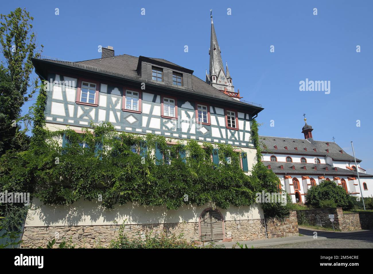 Half-timbered house and late Gothic St. Mark's Church, overgrown, ivy, Erbach, Eltville, Rheingau, Taunus, Hesse, Germany Stock Photo