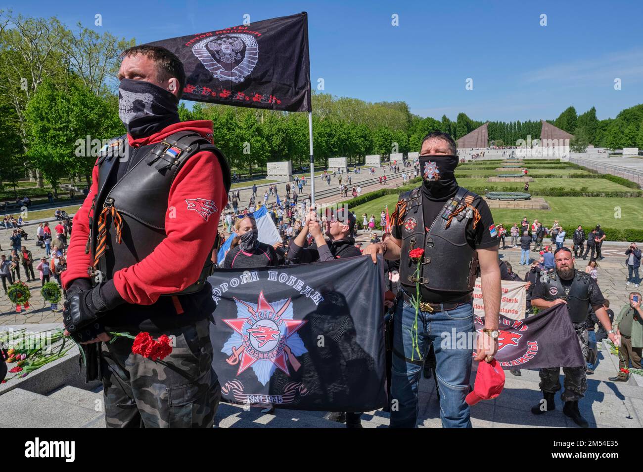 Germany, Berlin, 09. 05. 2020, Victory Day (over Hitler's fascism), Soviet Memorial Berlin-Treptow, Night Wolves, Russian Motorcycle and Rocker Club Stock Photo