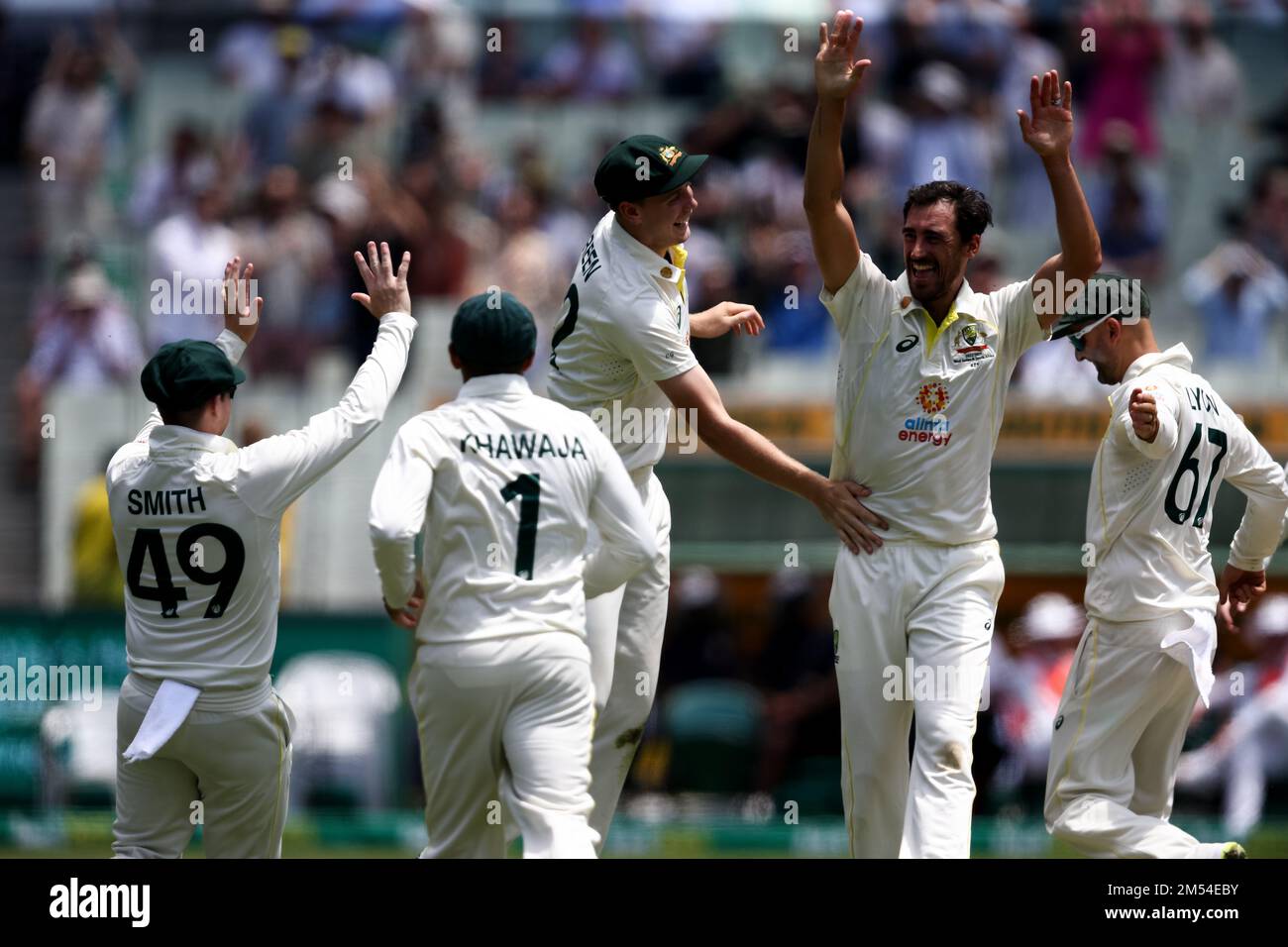 Melbourne, Australia, 26 December, 2022. The Australians celebrate a wicket during the Boxing Day Test Match between Australia and South Africa at The Melbourne Cricket Ground on December 26, 2022 in Melbourne, Australia. Credit: Dave Hewison/Speed Media/Alamy Live News Stock Photo