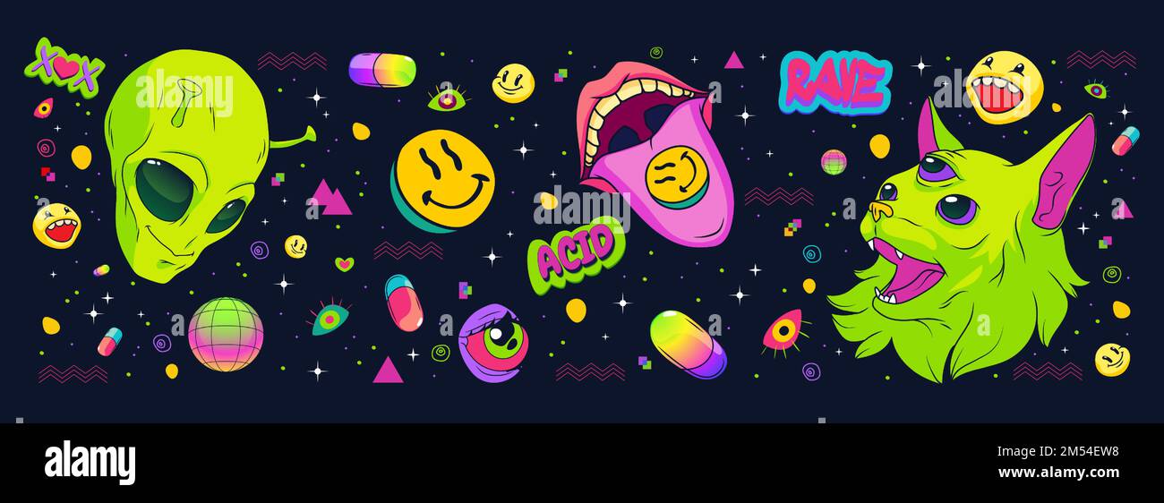 Psychedelic rave style seamless pattern with alien head, mouth and tongue, three-eyed cat creature, smiley emoji, planet and pill icons in acid colors on black background. Cartoon vector illustration Stock Vector