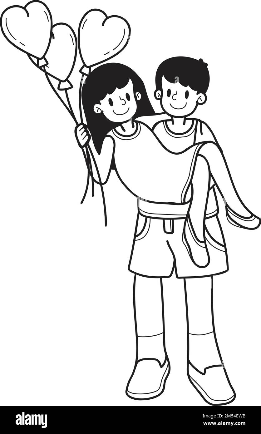 Hand Drawn man and woman holding heart shaped balloons illustration ...
