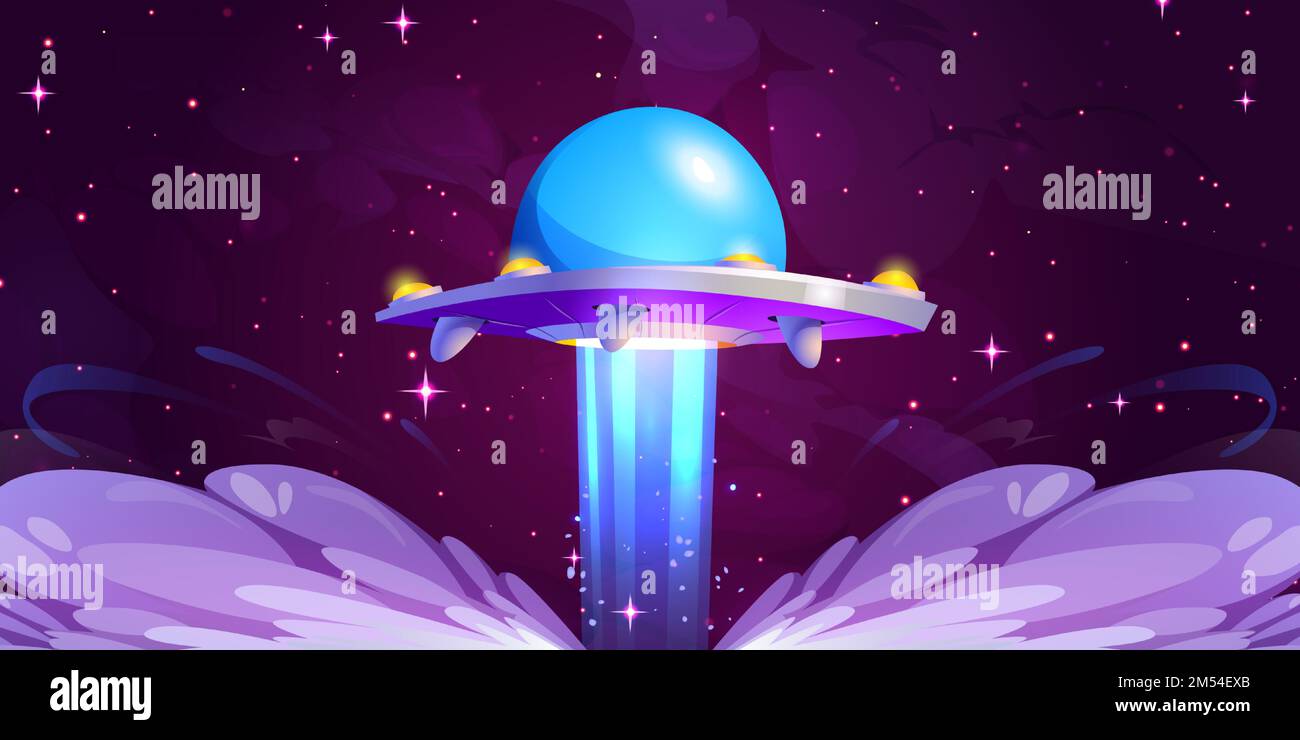 Alien spaceship in outer space. Cartoon vector illustration of flying ...
