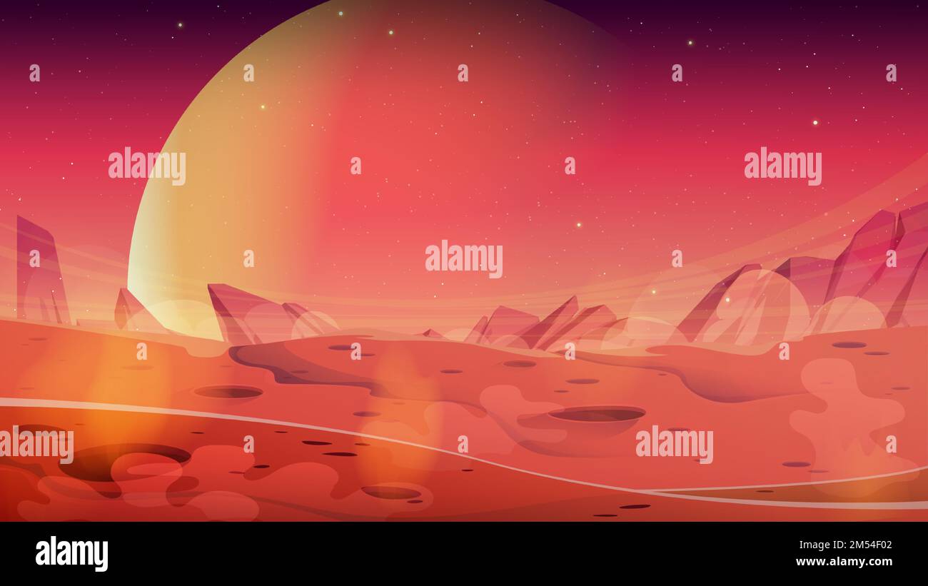 Mars landscape with craters and red rocky surface. Cartoon vector illustration of red alien planet, desert area with holes and stones. Orange starry sky background for space computer game ui design Stock Vector
