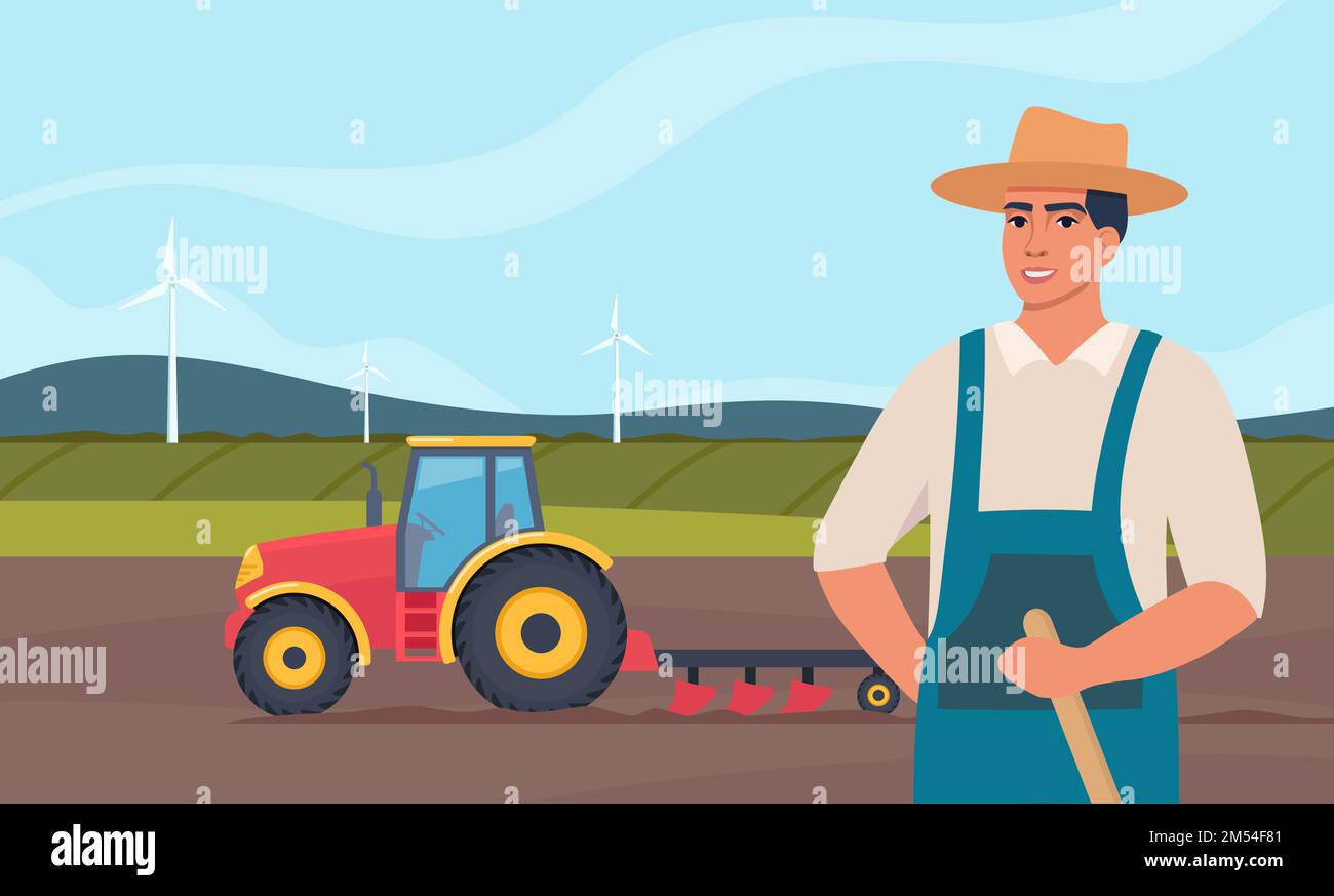 Tractor plowing the field and farmer stands in the foreground. Rural ...