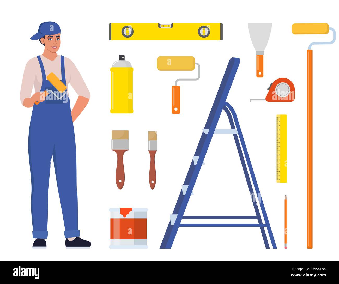 Woman painter in uniform with paint roller. Set of painting tools