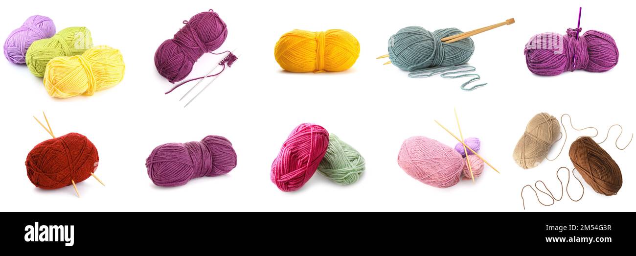 Set of knitting yarn with needles on white background Stock Photo - Alamy