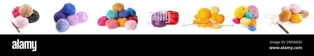 Collection of knitting yarn with needles on white background Stock ...