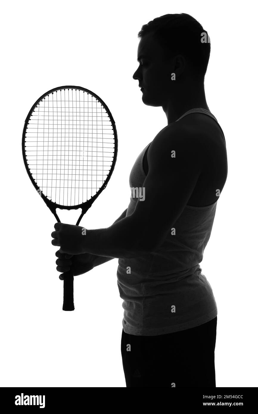 Silhouette of young man with tennis racket on white background Stock Photo Alamy