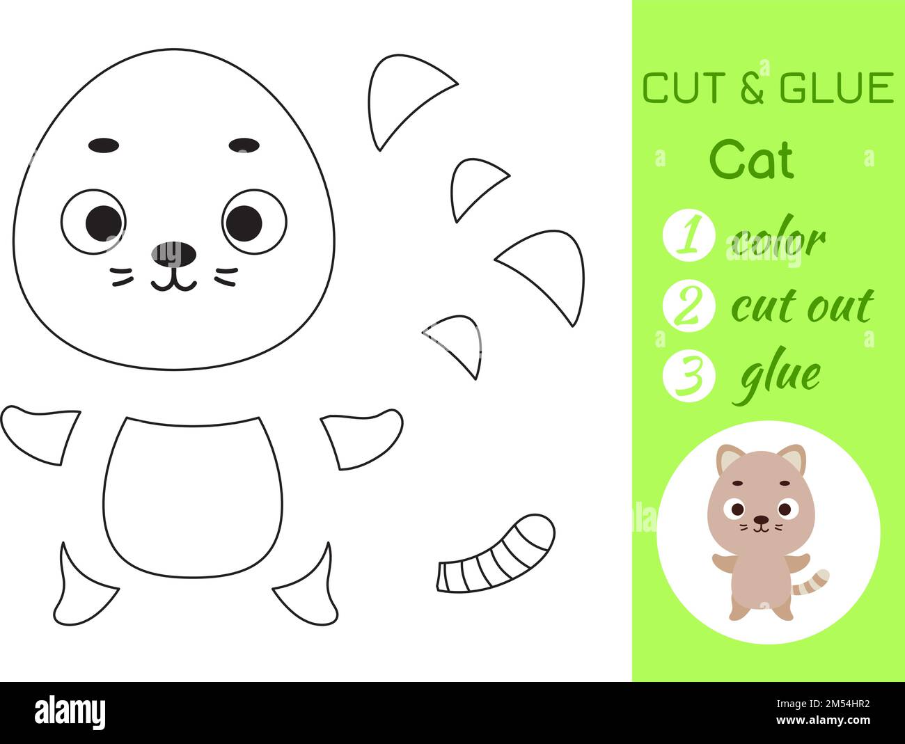 Color, cut and glue paper little cat. Cut and paste crafts activity