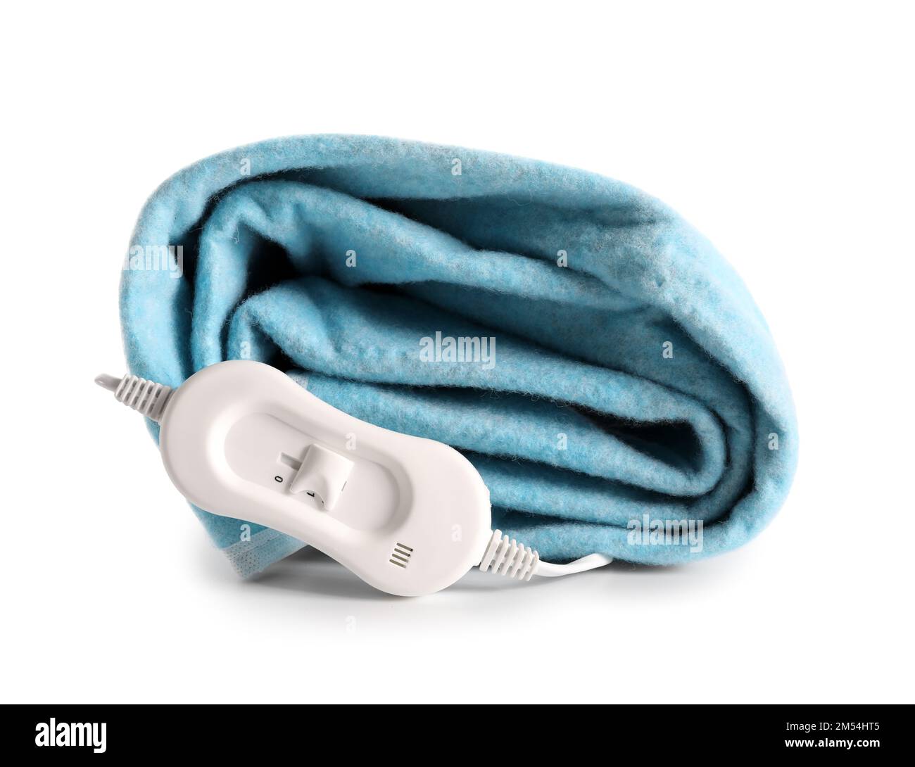 Folded electric heating pad with controller on white background Stock Photo